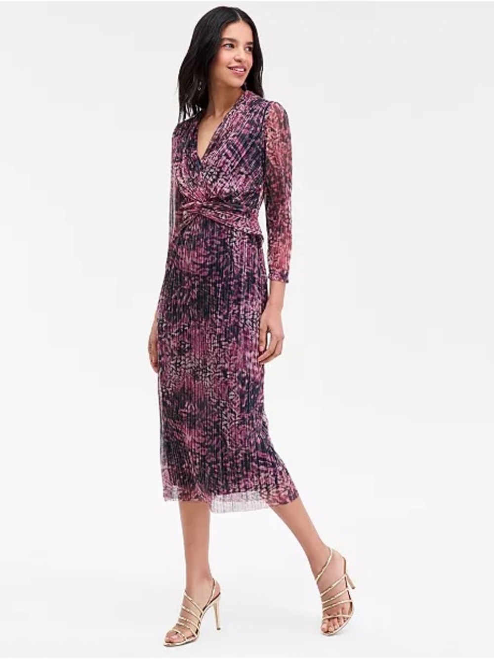 Anne Klein Pink and Black Patterned Pleated Midi Dress